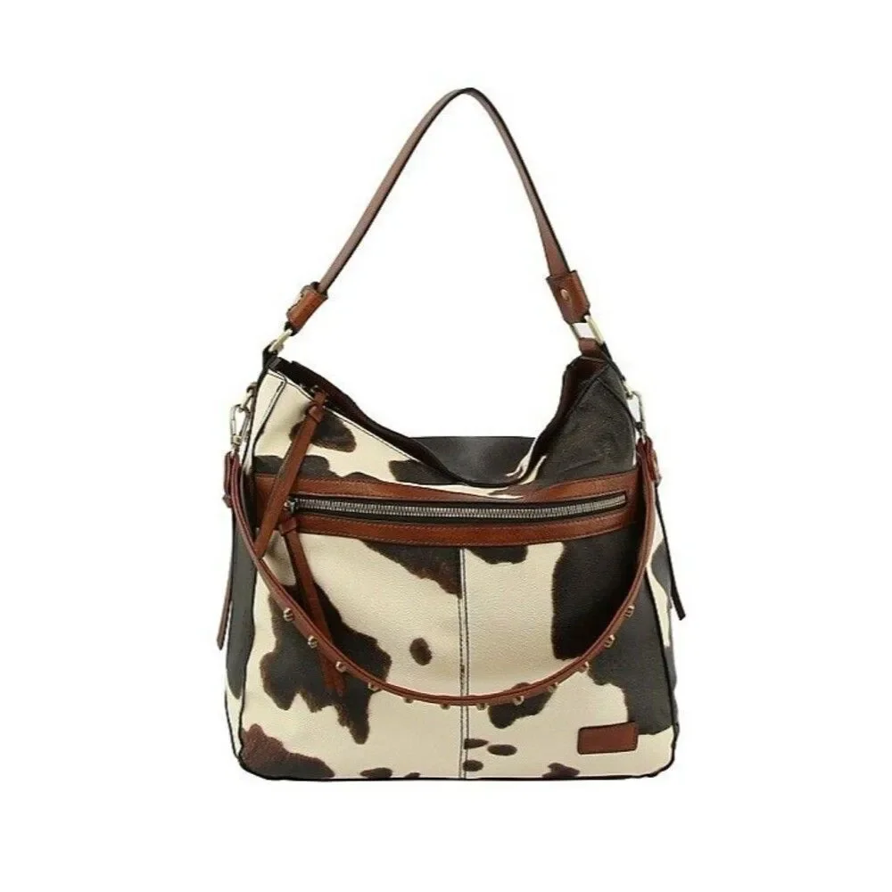 Women's Top Handle Cow Print Shoulder Bag With Studded Strap - Picture 1 of 2